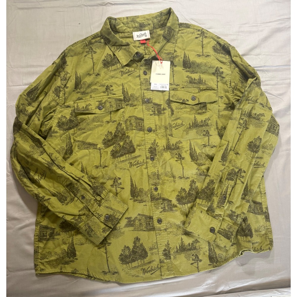 Woolrich Mens XXL Green Cabin Forest Print Cotton Flannel Button Down Shirt NEW